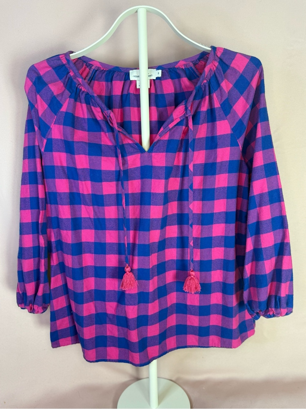 Vineyard Vines - Pink & Blue Check Peasant Blouse 3/4 Sleeve - Size S